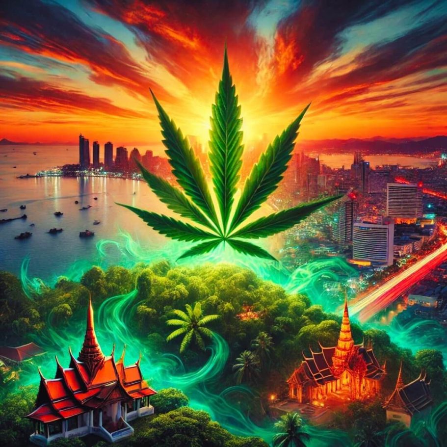 Cannabis in Thailand 2025 – Symbolbild für neue Regeln in Pattaya Cannabis in Thailand – Symbolbild mit Hanfblatt über Pattaya Bay und thailaendischem Tempel