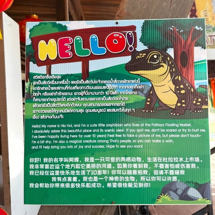 Hia Hui das gluecksbringende Amphibium im Floating Market Pattaya Schild mit Cartoon Salamander Hia Hui und Begruessungstext auf Englisch Chinesisch und Thai im Floating Market Pattaya