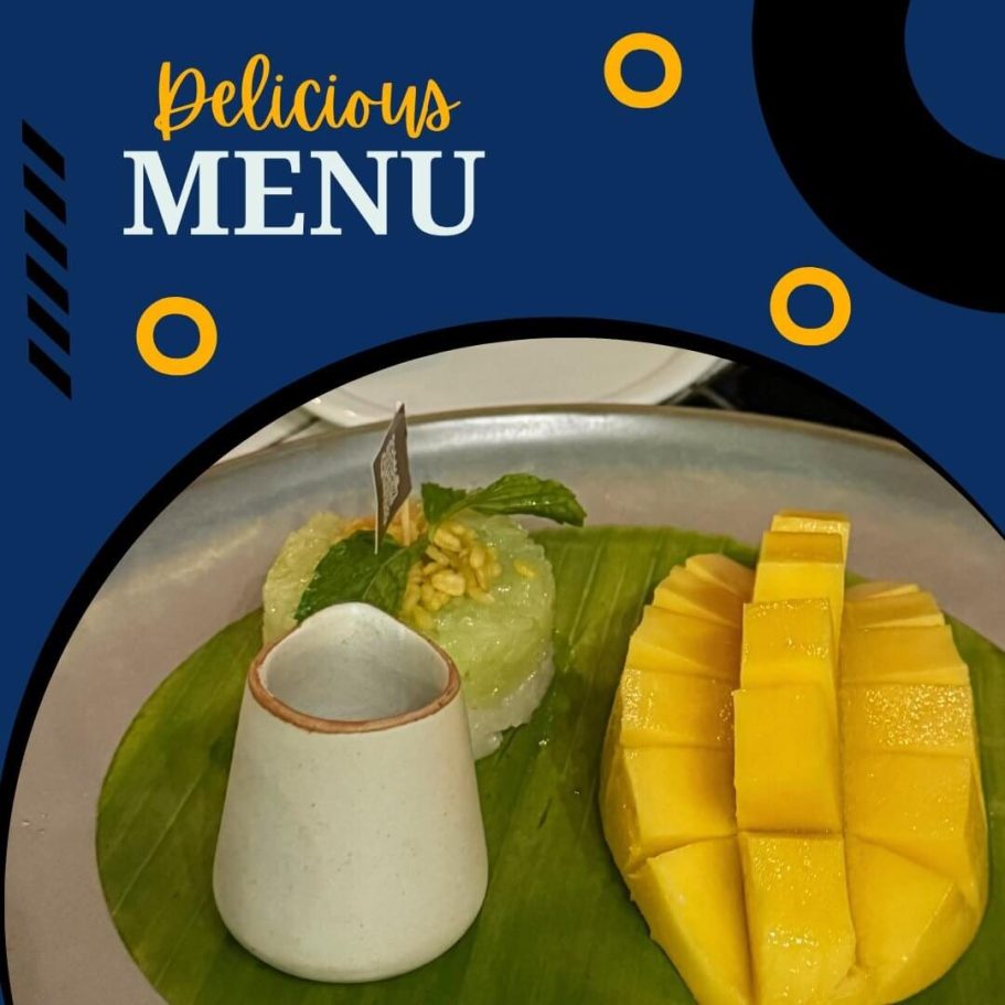 Traditionelles Thai-Dessert Mango Sticky Rice im Cave Restaurant Mango Sticky Rice mit frischer Thai-Mango, Kokosmilch und Klebreis auf einem Bananenblatt serviert.