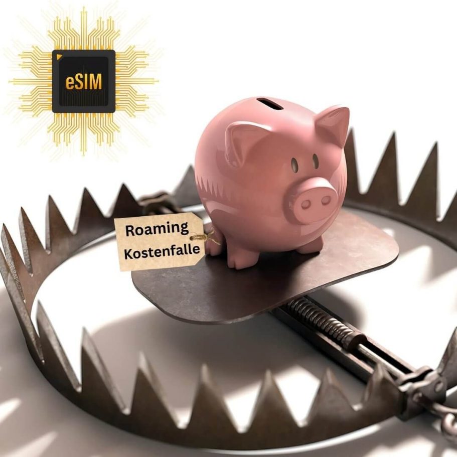 eSIM statt Kostenfalle Sparen in Thailand Sparschwein in Barenfalle mit Schild Roaming Kostenfalle neben goldenem eSIM Chip als Losung fuer Thailand Reisen