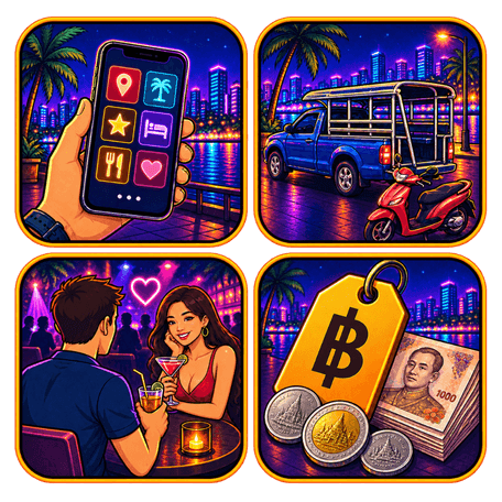 Pattaya Reise Symbole Grafische Illustration mit Smartphone, Baht Bus und Roller, Paar beim Drink sowie Preisschild mit Baht Symbol