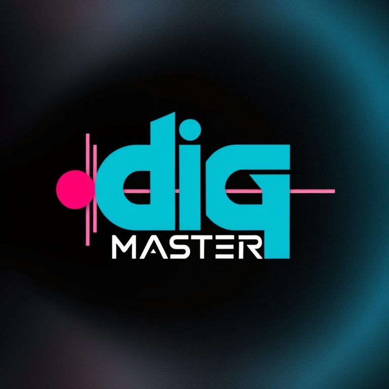 Logo von Dig Master, einem Musikprojekt mit tropischen Beats und moderner Technologie. Die Farben Türkis und Pink symbolisieren Energie.