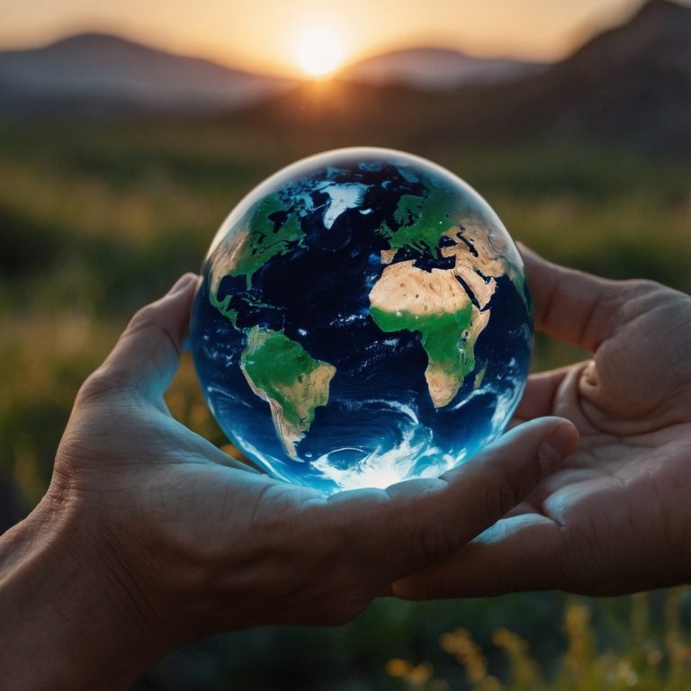 Sonnenaufgang mit Weltkugel in Händen, symbolisiert Umweltschutz und globale Verantwortung