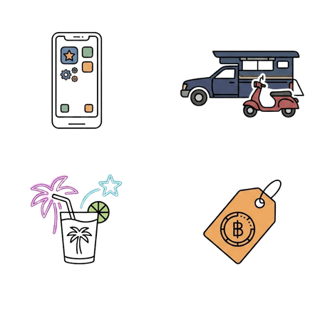Pattaya Reise Symbole Grafische Illustration mit Smartphone, Songthaew, Roller, Cocktail und Preisschild mit Baht Symbol