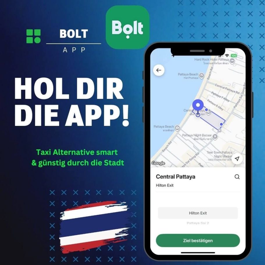 Bolt App Thailand jetzt laden und günstig Taxi fahren Bolt App Werbegrafik mit Text Hol dir die App und App-Vorschau der Taxibuchung für Central Pattaya