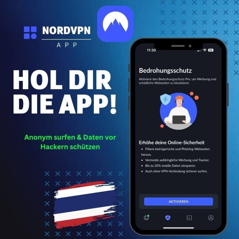 NordVPN App Thailand jetzt laden und anonym und sicher surfen NordVPN App Werbegrafik mit Text Hol dir die App und Vorschau des Bedrohungsschutzes auf dem Smartphone