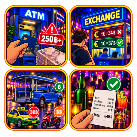 Kostenfallen und Spartipps für Pattaya Grafische Illustration mit ATM, Wechselstube, Baht Bus, Taxi, Roller und Barrechnung mit Preisen in Baht