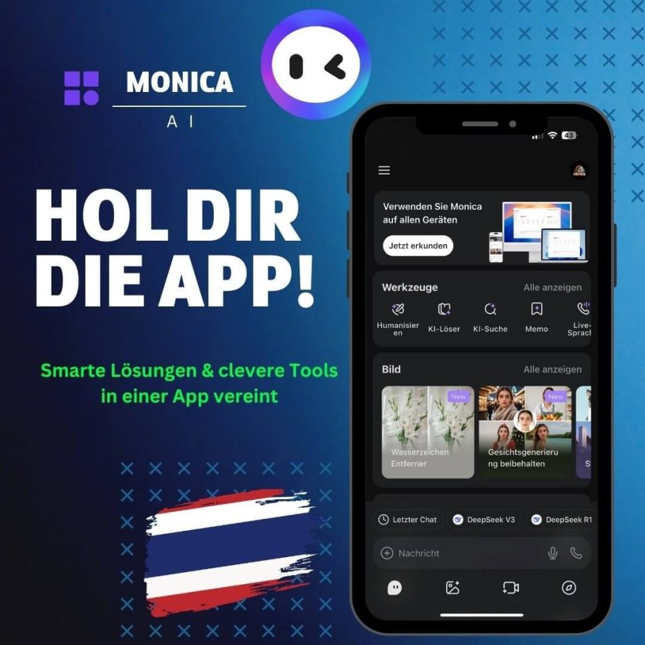 Monica KI App Thailand jetzt laden und smarte Tools nutzen Monica KI App Werbegrafik mit Text Hol dir die App und Vorschau der KI-Tools und Funktionen auf dem Smartphone