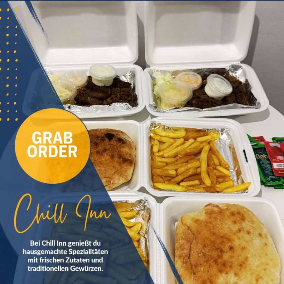 Cevapcici mit selbstgemachtem Pita vom Chill Inn Hausgemachte Cevapcici mit selbstgemachtem Pita-Brot, Pommes und Dips vom Chill Inn – frisch zubereitet und ideal zum Mitnehmen