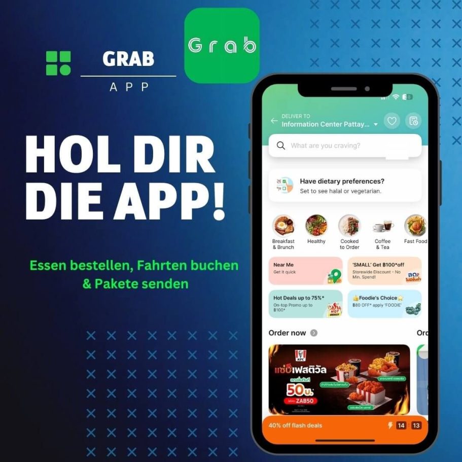 Grab App – Essen, Fahrten und Lieferungen in Pattaya Smartphone mit geöffneter Grab App zur Essensbestellung in Pattaya