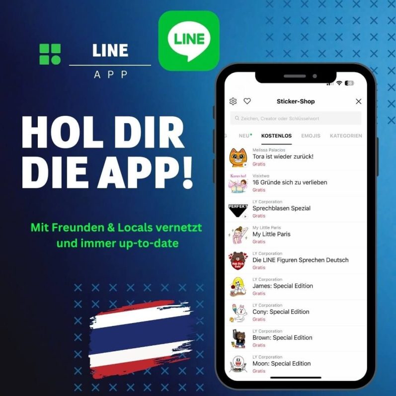 Line App Thailand jetzt laden und mit Freunden chatten Line App Werbegrafik mit Text Hol dir die App und Vorschau des Sticker-Shops auf dem Smartphone