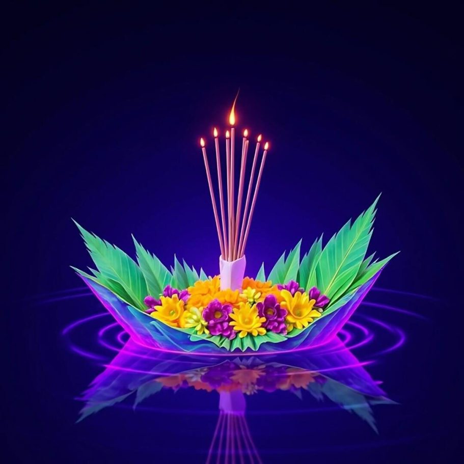 Loy Krathong - Zauberhafte Momente am Wasser erleben! Traditionelles Krathong mit brennenden Kerzen, bunten Blumen und grünen Bananenblättern auf dem Wasser