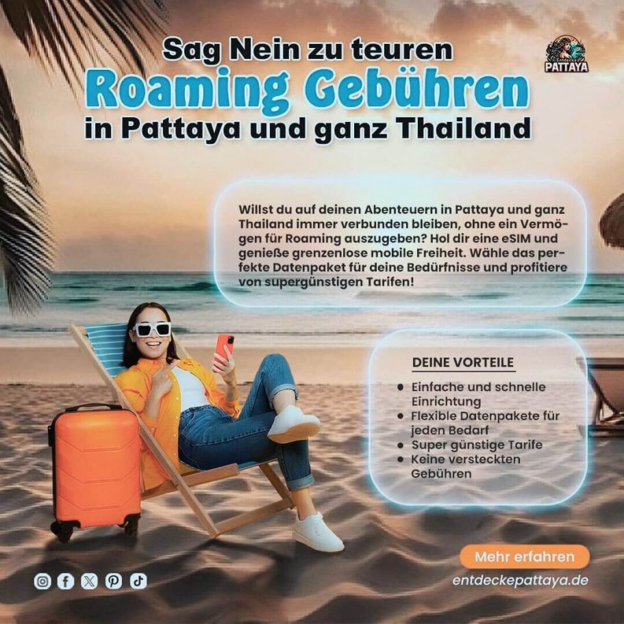 Roaming Spartipps fuer Thailand Palmenhintergrund mit Text gegen teure Roaming Gebuehren in Thailand und Pattaya Logo