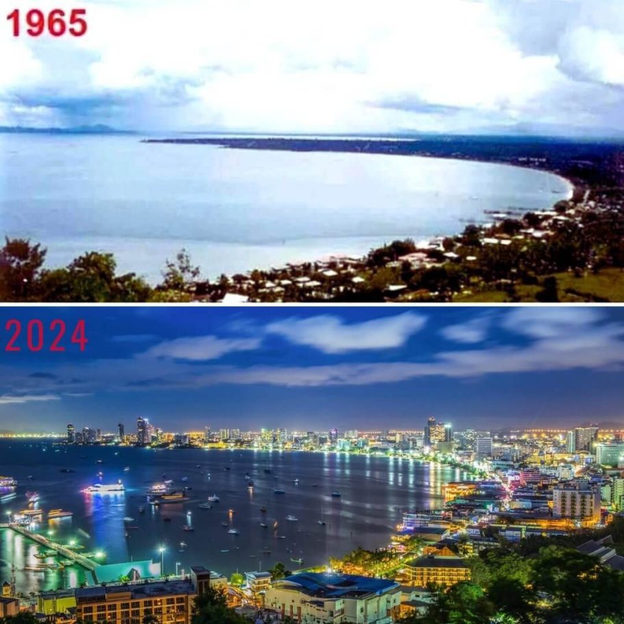 Thailand: Pattaya – Transformation vom Fischerdorf zur Mega-Metropole (1965-2024) Thailand: Pattaya 1965 vs. 2024 – Von einer naturbelassenen Bucht zur modernen Skyline.