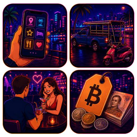 Pattaya Reise Symbole Grafische Illustration mit Smartphone, Baht Bus und Roller, Paar beim Drink sowie Preisschild mit Baht Symbol