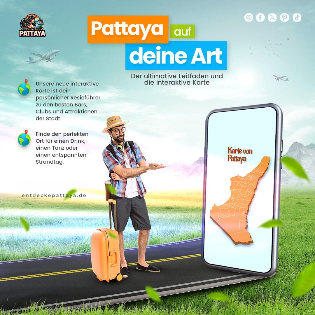 erbebanner für eine interaktive Karte von Pattaya mit einem fröhlichen Reisenden und einem Smartphone, das die Karte von Pattaya anzeigt