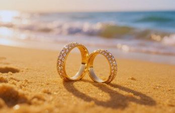 Heiraten in Thailand - Dein Guide zur Traumhochzeit Zwei goldene Eheringe im Sand am Strand mit Meereswellen im Hintergrund bei Sonnenuntergang