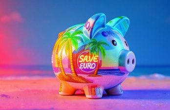 Spardose für cleveres Sparen – Tipps für deine Thailand-Reise Bunte Kuh-Spardose mit Euro-Geldscheinen auf einer Wiese – Symbol für Geld sparen bei Reisen nach Thailand.
