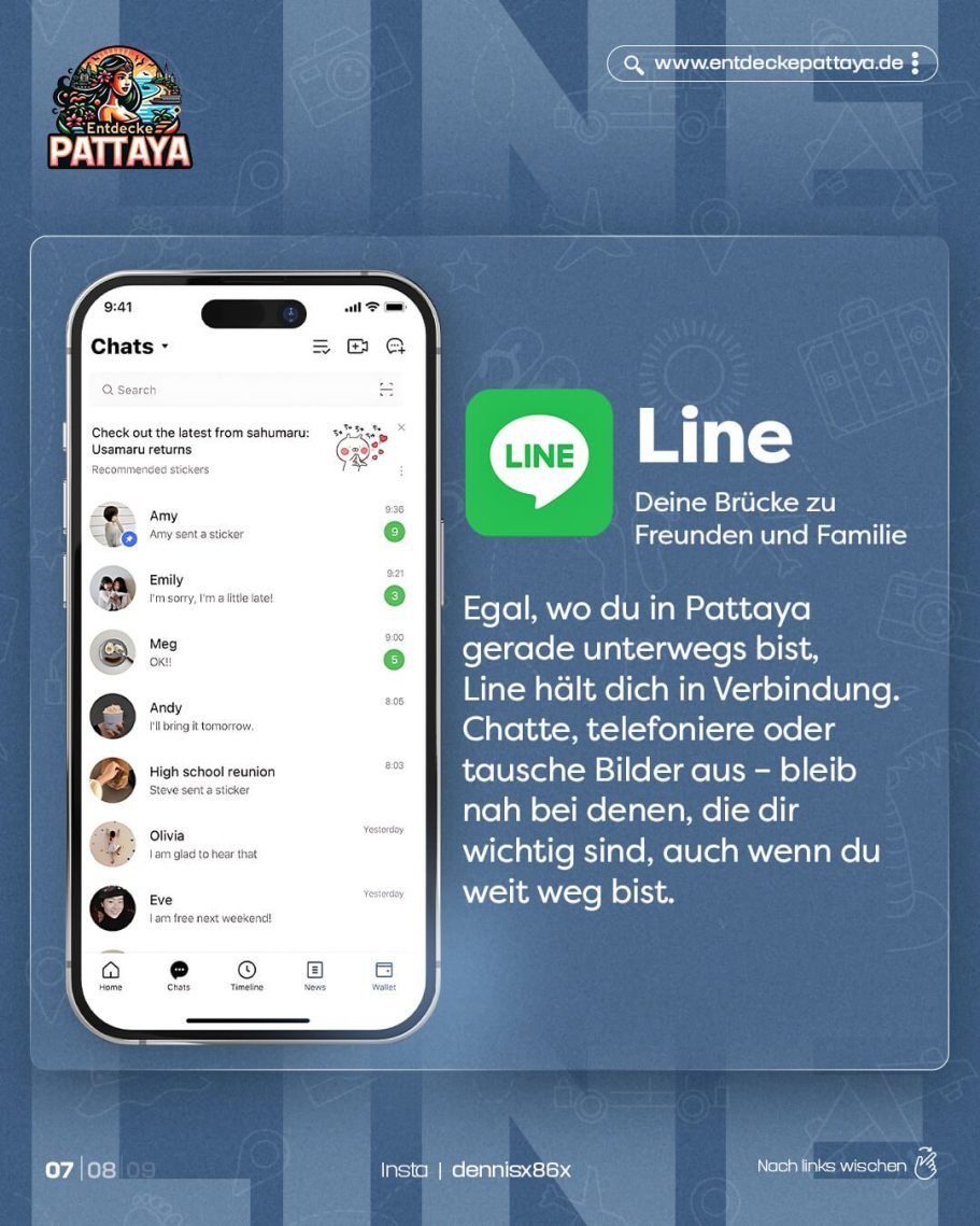 Werbebanner für die Line-App, die als Kommunikationsbrücke für Reisende in Pattaya dient, mit einem Smartphone-Chatfenster und der Line-App-Logo