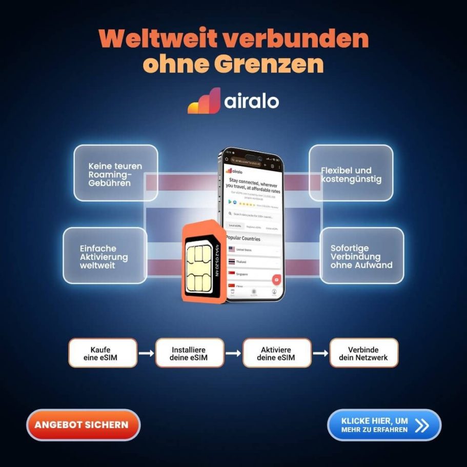 Weltweit Online mit Airalo eSIM Airalo eSIM Angebot mit Vorteilen keine Roaminggebuehren einfache Aktivierung flexible Nutzung weltweit