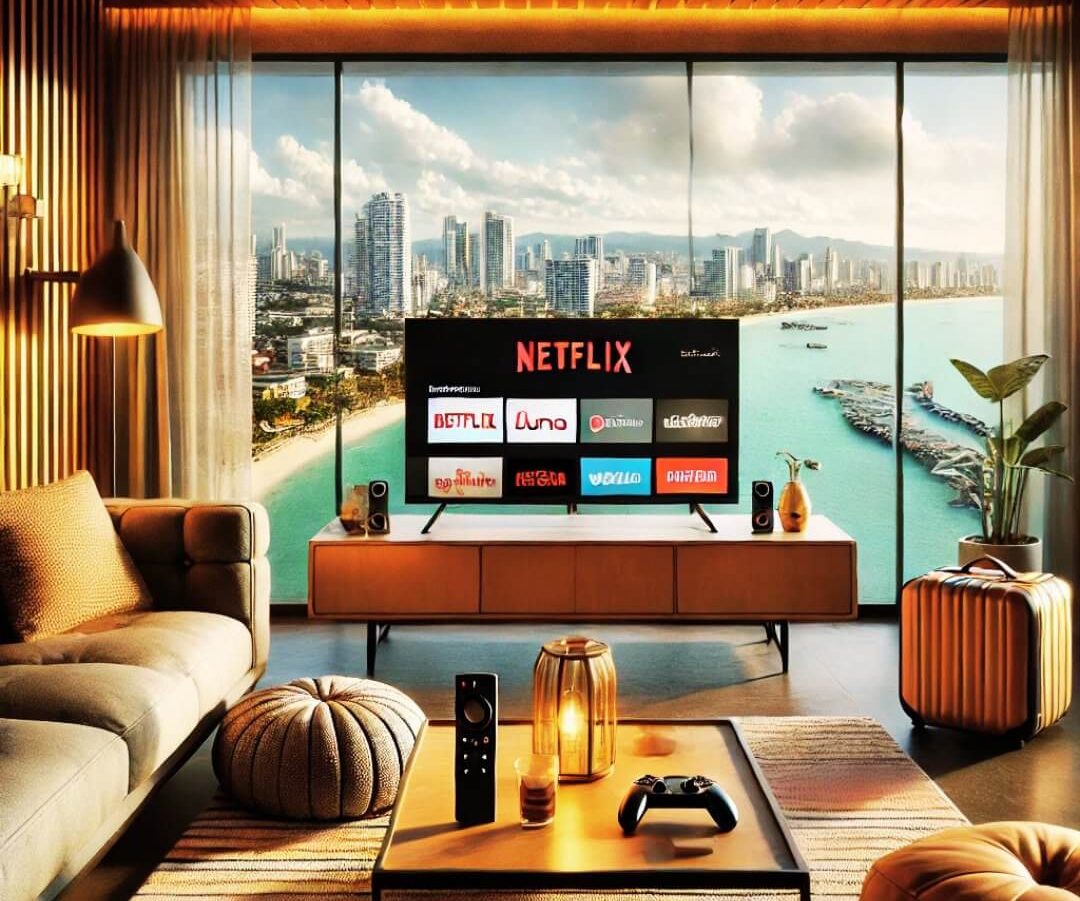 Wohnzimmer mit Blick auf Pattaya by KI, Netflix, Fire TV Stick und Luna-Controller.