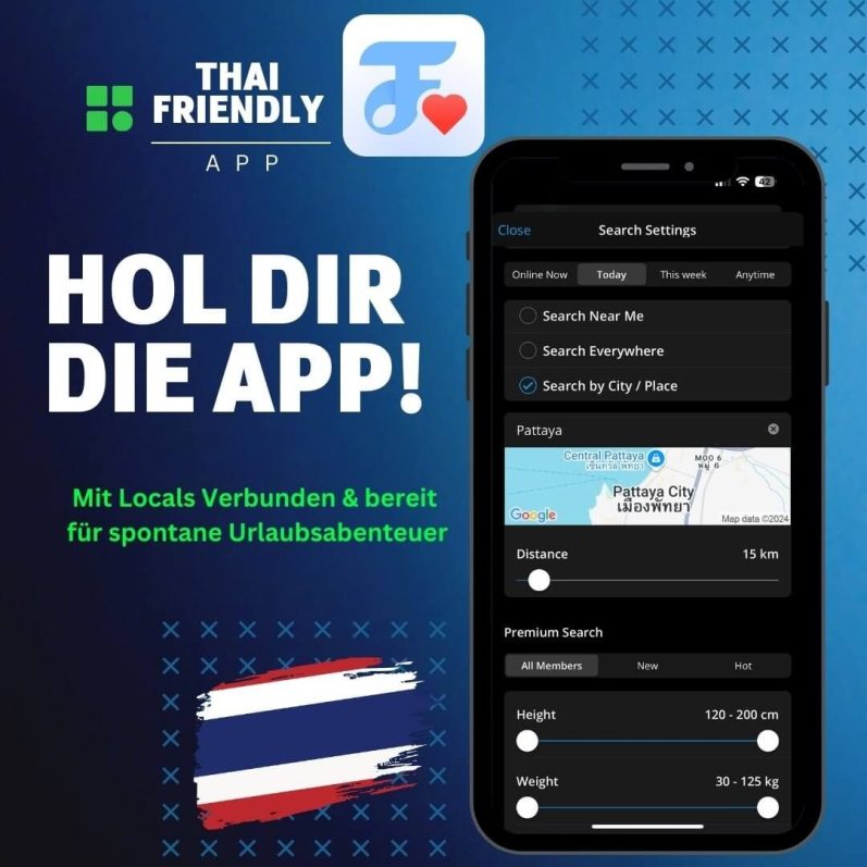 ThaiFriendly App jetzt laden und neue Leute in Thailand finden ThaiFriendly App Werbegrafik mit Text Hol dir die App und Sucheinstellungen auf dem Smartphone