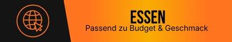 Restaurants und Essen in Pattaya entdecken Essen in Pattaya passend zu Budget und Geschmack auf einem grafischen Banner mit orange schwarzem Hintergrund und Globus Symbol