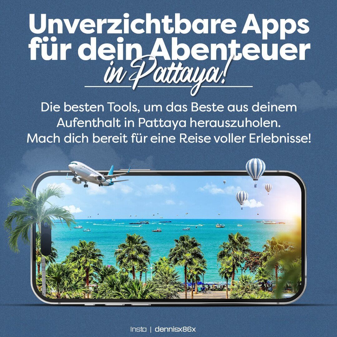 Smartphone zeigt einen tropischen Strand in Pattaya, Thailand, mit Flugzeug und Heißluftballons.