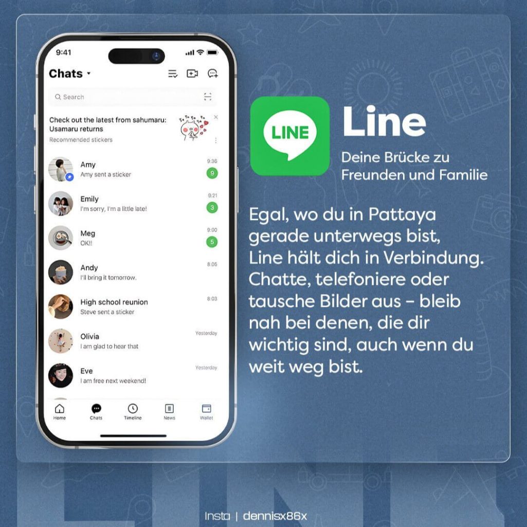 Smartphone mit geöffneter Line-App, die Chats zeigt. Text: "Line – Deine Brücke zu Freunden und Familie. Egal, wo du in Pattaya bist.