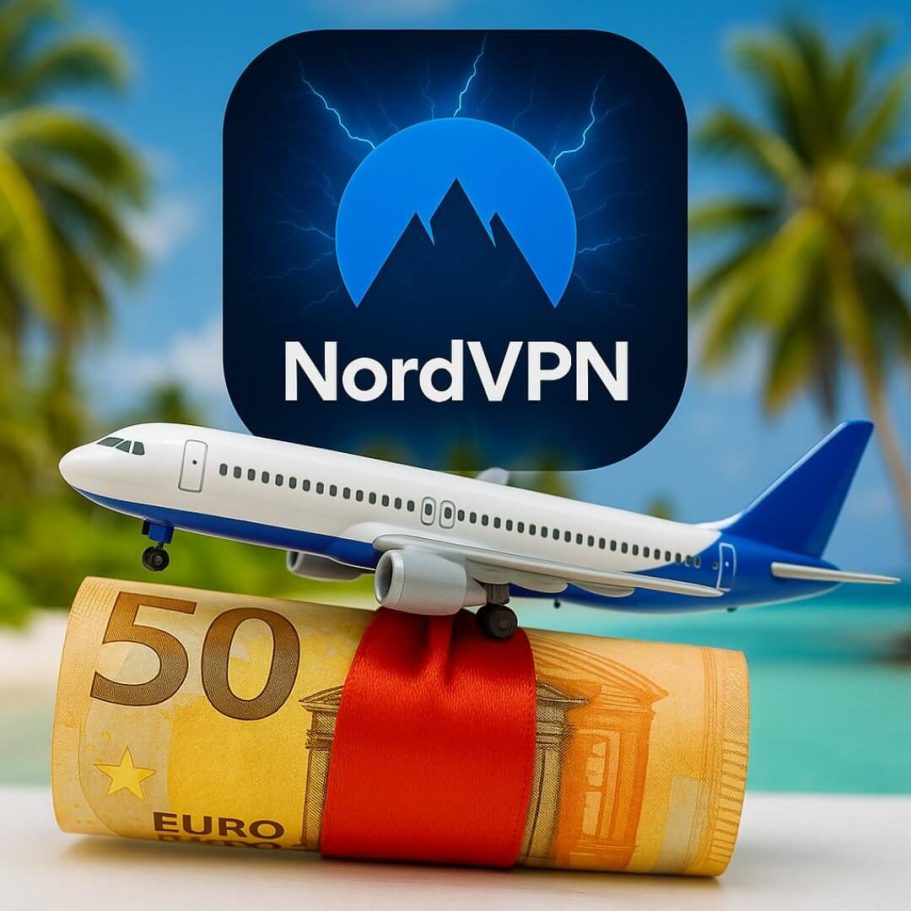 NordVPN für günstige Flugbuchungen nach Pattaya Thailand Euro sparen Spielzeugflugzeug auf Euro-Geldscheinen mit NordVPN Logo vor tropischem Hintergrund