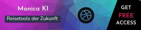 KI Hilfe für deine Gesundheit Monica KI Werbebanner mit lila-blauem Farbverlauf, Reisetools der Zukunft und kostenlosem Zugang