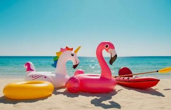 Bunte Schwimmreifen am tropischen Strand von Koh Larn – Pattaya, Thailand Bunte Schwimmreifen am Strand von Koh Larn, Pattaya, mit türkisfarbenem Meer im Hintergrund.