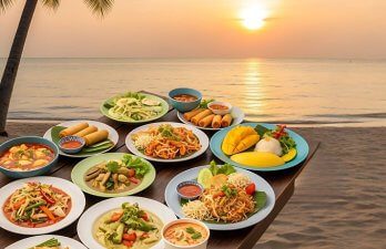 Thailändische Küche – Frische und farbenfrohe Gerichte aus Thailand Eine Auswahl an authentischen thailändischen Gerichten, darunter Currys, frische Frühlingsrollen, Reisgerichte und aromatische Zutaten.