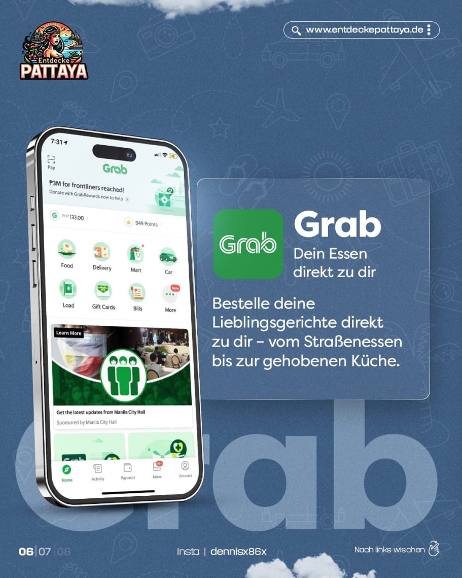 Werbebanner für die Grab-App, mit einem Smartphone-Bildschirm, der verschiedene Essensbestelloptionen in Pattaya anzeigt werden