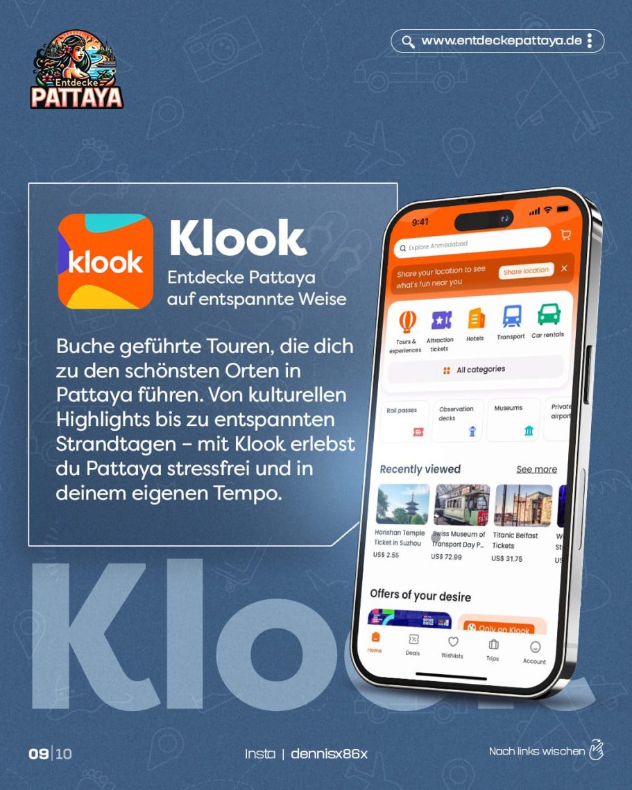 Werbebanner für die Klook-App, die als beste App für Erlebnisse in Pattaya empfohlen wird, mit verschiedenen buchbaren Touren und Attraktionen