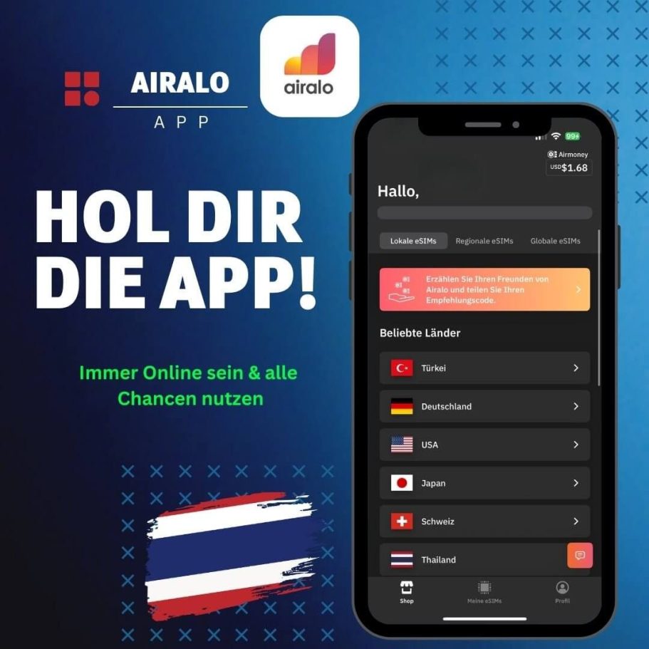 Airalo App laden und eSIM für Thailand sofort aktivieren Airalo App Werbegrafik mit Text Hol dir die App und Länderauswahl auf dem Smartphone
